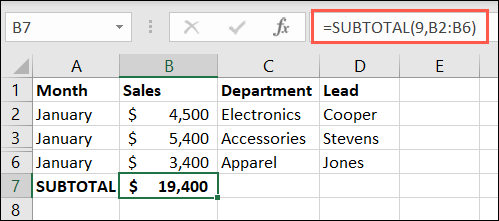 Funkcja SUBTOTAL zawierająca ukryte wiersze