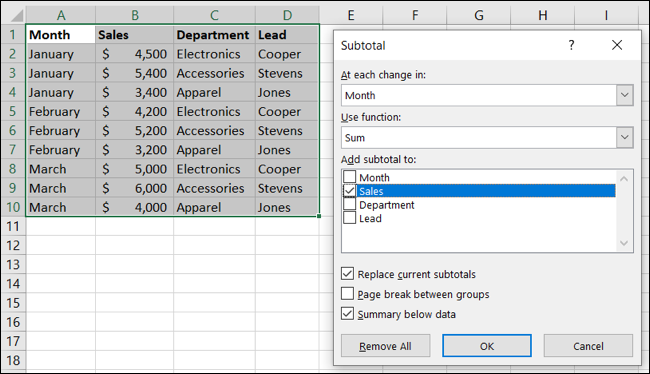 Configuración de subtotal para la función Sum