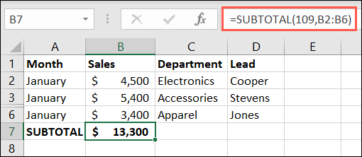 排除隐藏行的 SUBTOTAL 函数