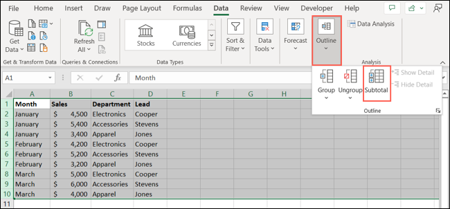 Subtotal no menu Esquema