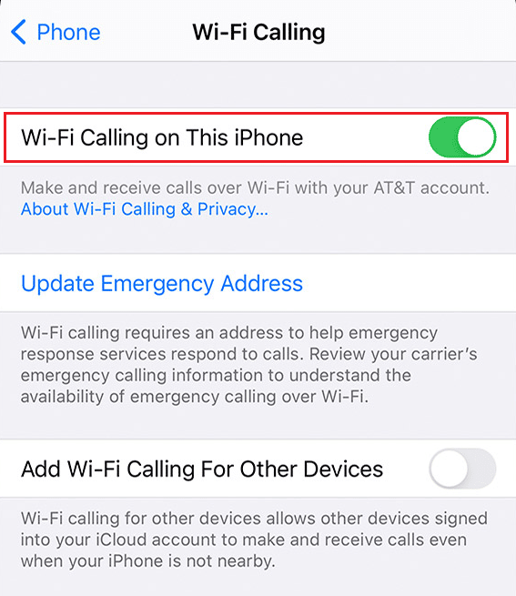 Включите переключатель для параметра «Вызовы по Wi-Fi на этом iPhone».