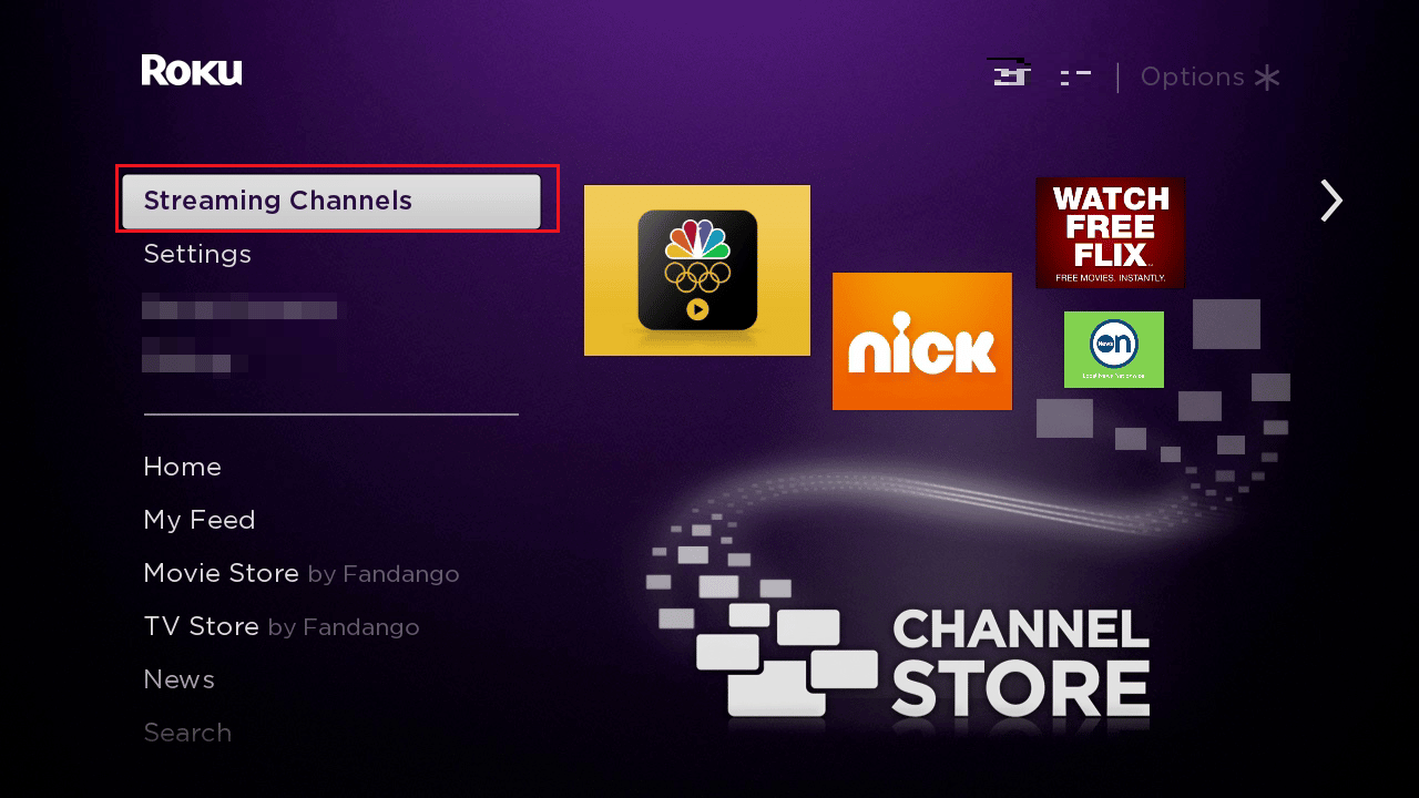 clique em canais de streaming no roku