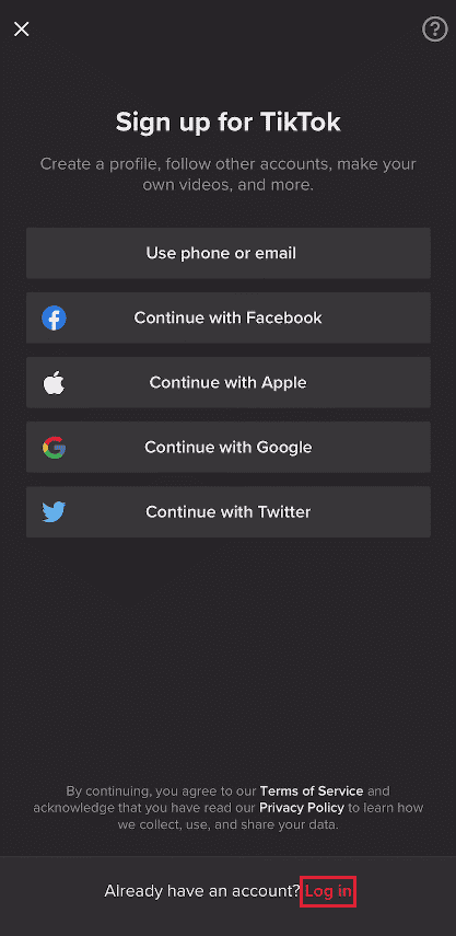 画面の下部にある [ログイン] オプションをタップします TikTok |古い Musically アカウントを見つける方法
