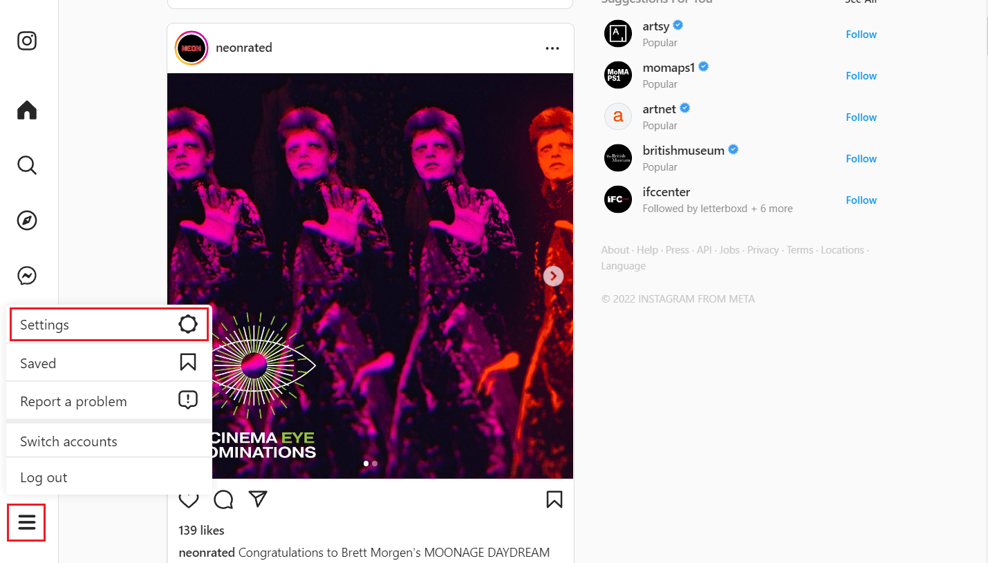 Klik pada ikon hamburger - Pengaturan dari panel kiri | Apakah Instagram Secara Acak Mengikuti Akun? | hentikan bot spam di Instagram