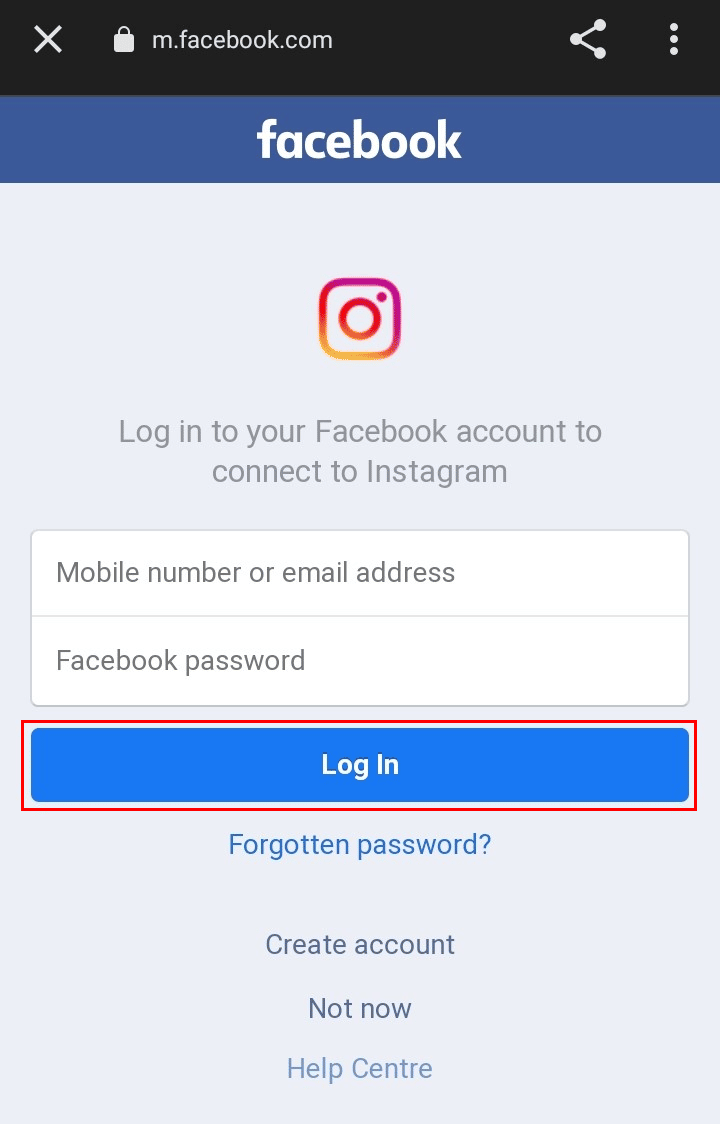 Appuyez sur l'option Se connecter avec Facebook | | Comment se connecter à Instagram sans numéro de téléphone ni e-mail