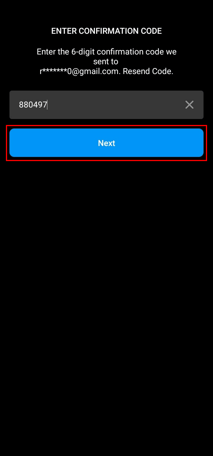 이메일 주소로 받은 6자리 인증 코드를 입력하고 다음 버튼을 누릅니다. | 전화번호와 이메일 없이 Instagram에 로그인하는 방법