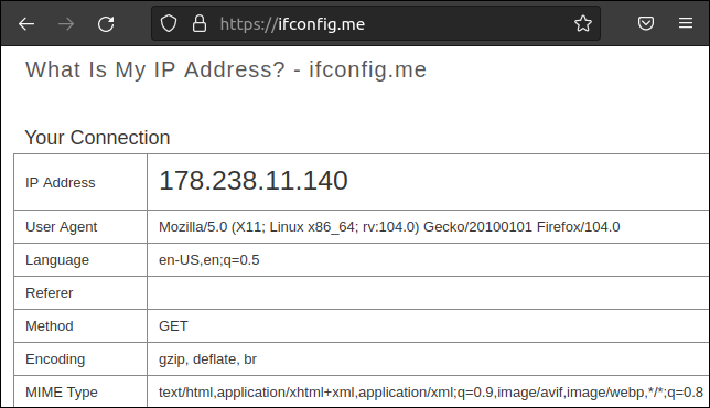 El sitio web ifconfig.me que muestra una dirección IP externa