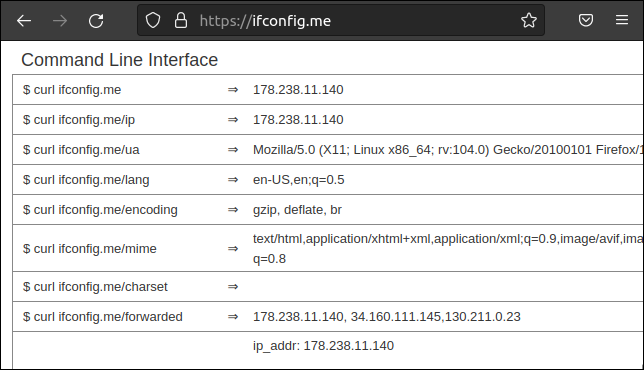 一連の cURL コマンドを表示する ifconfig.me Web サイト