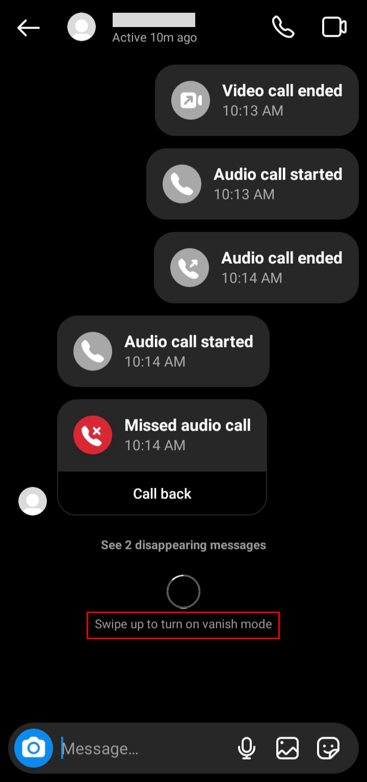 Glisați în sus în chat pentru a activa modul Vanish.