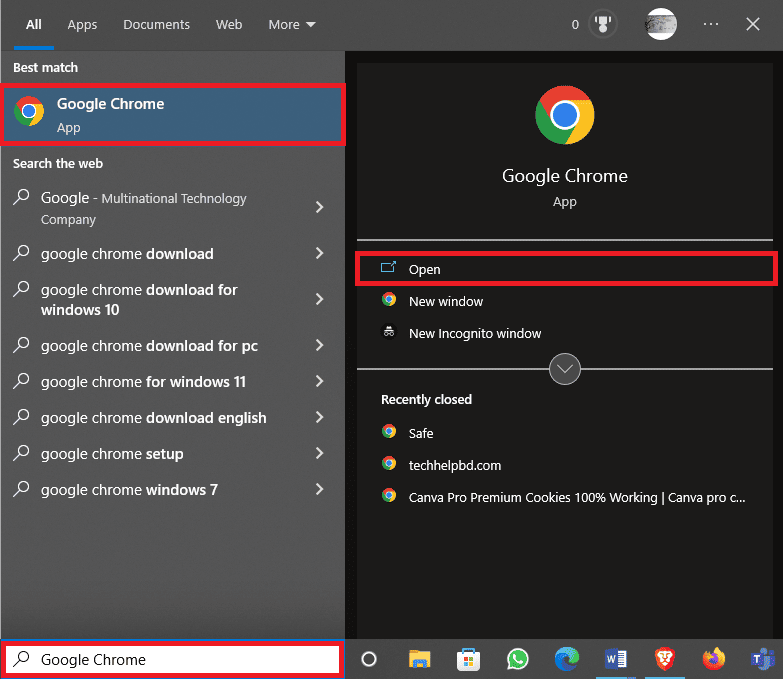 Ouvrez Google Chrome depuis le menu Démarrer