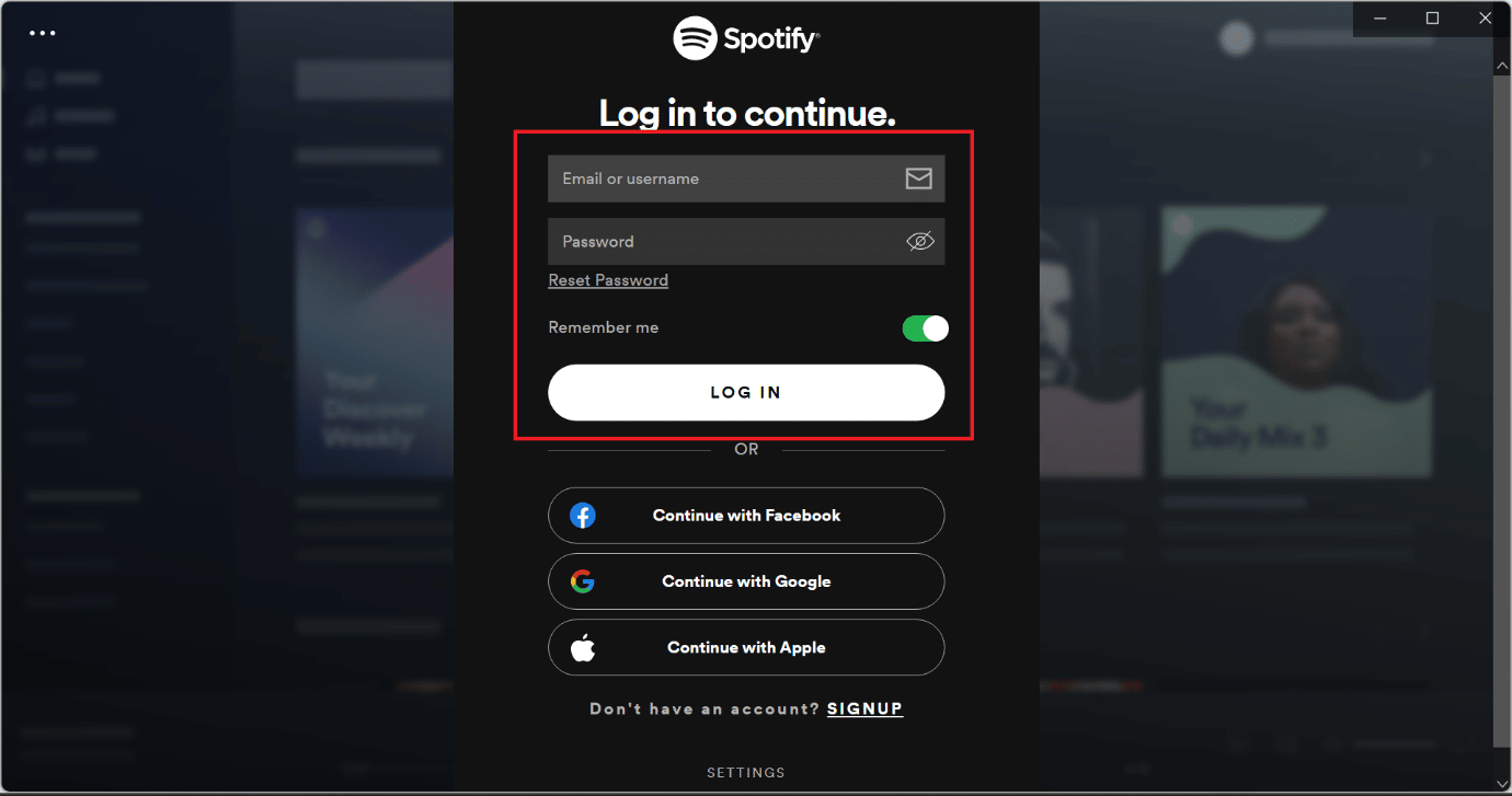 Opção de login do Spotify