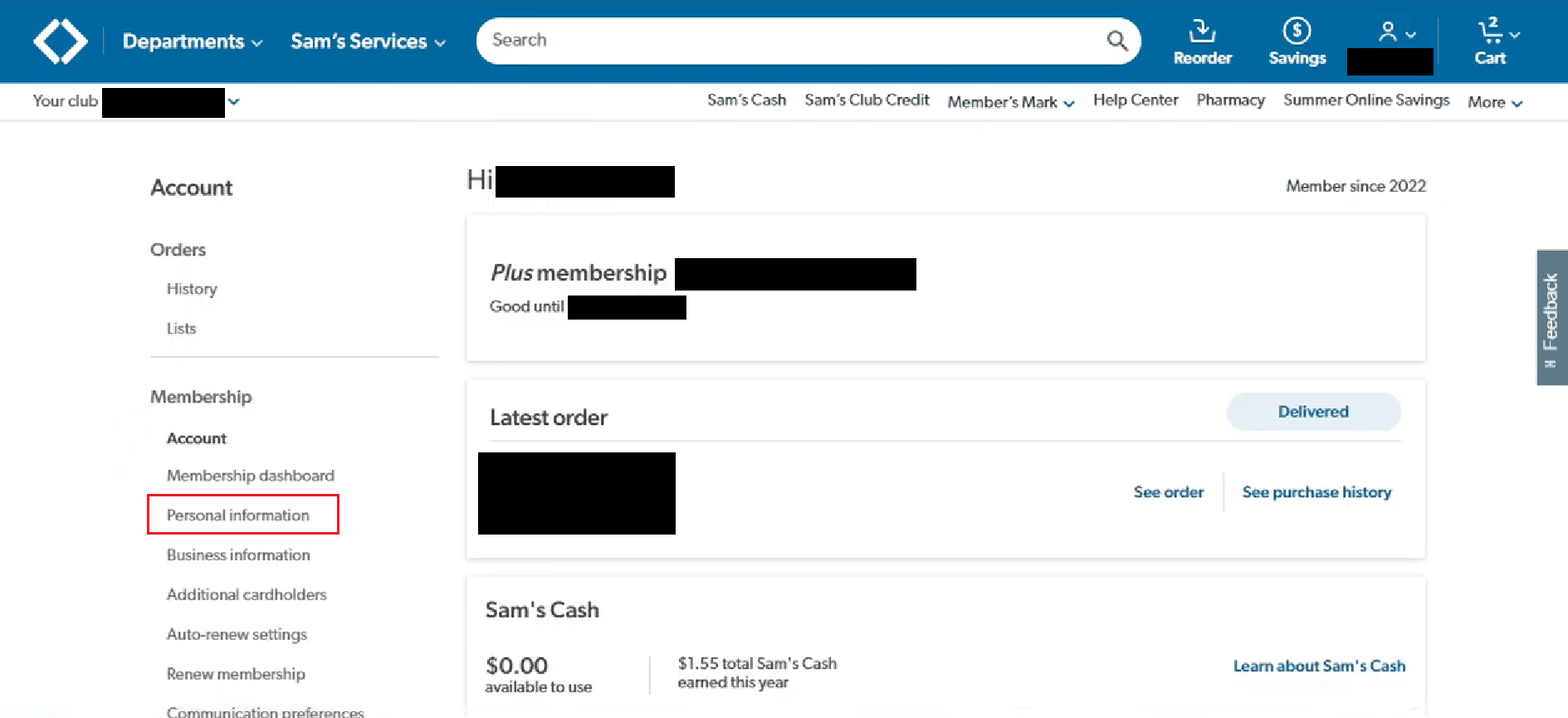 左側のパネルから [個人情報] オプションをクリックします |サムズクラブのアカウントを削除する方法