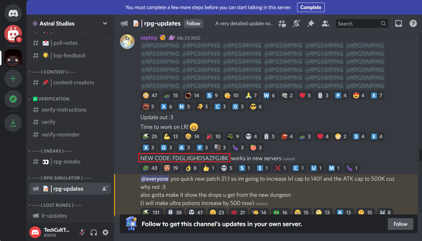 Comunità di gioco Discord Astral Studios | Quali sono i codici per RPG Simulator?