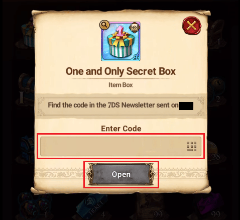 Entrez le code secret et appuyez sur Ouvrir pour échanger le code d'échange 7DS Grand Cross