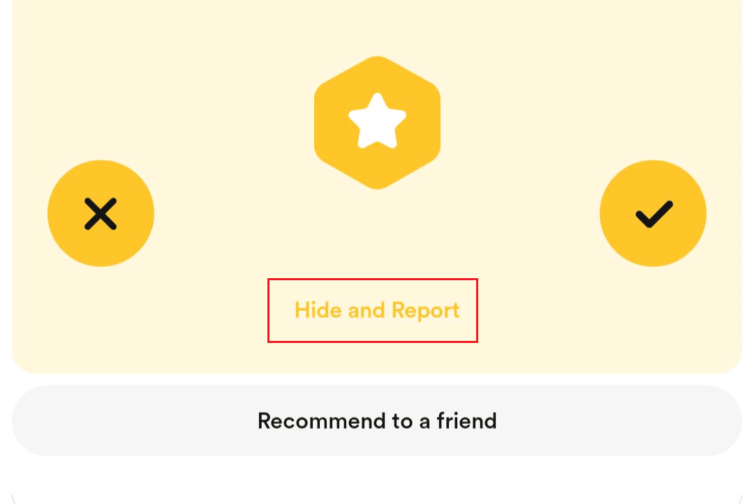 Appuyez sur l'option Masquer et signaler en bas du profil de l'utilisateur | Comment trouver un faux compte sur Bumble