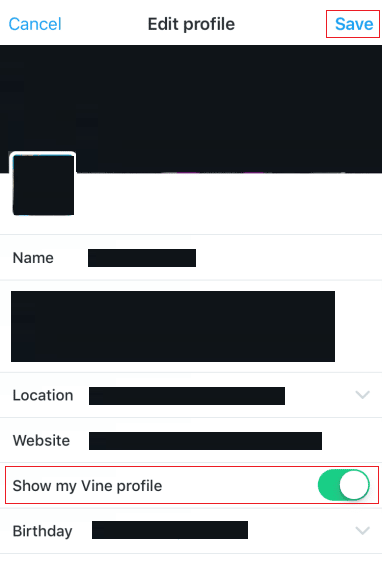 Show my Vine Profile オプションのトグルをオンにして、Save をタップします。
