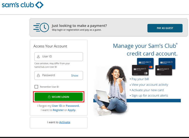 ユーザー ID とパスワードを入力し、[安全なログイン] ボタンをクリックします | My Sam's Club メンバーシップの変更方法