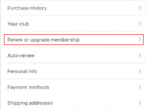 Atingeți opțiunea Reînnoire sau upgrade de membru