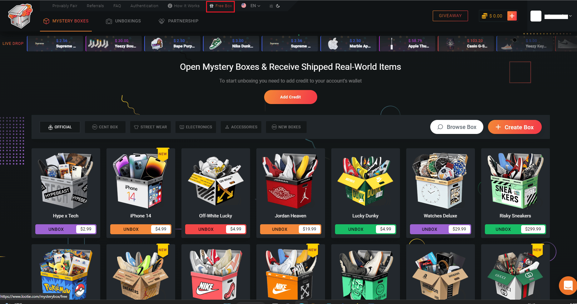 Lootie WebサイトでFree Boxオプションをクリックします