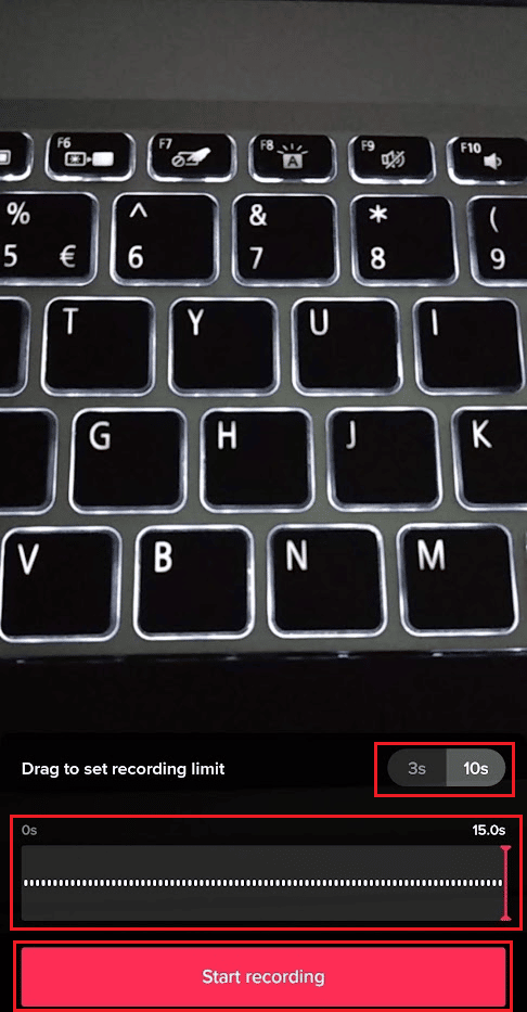 Selecione a aba 3s ou 10s para o cronômetro disparar e iniciar a gravação - limite de gravação desejado - Iniciar gravação | Como aumentar o zoom no TikTok sem as mãos