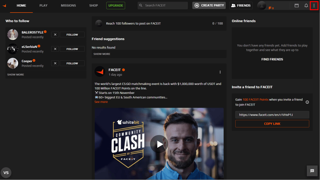 Как только вы войдете в свою учетную запись Faceit, нажмите на значок с тремя вертикальными точками в правом верхнем углу.