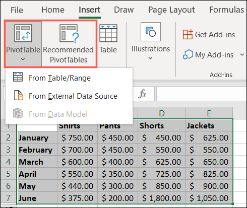 在 Excel 中插入数据透视表选项