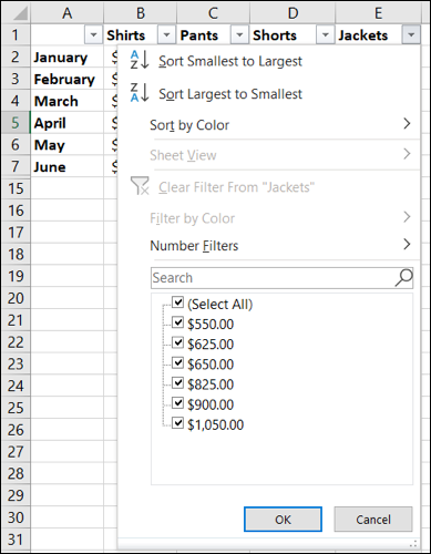 Excel 中的筛选选项