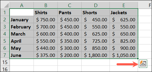 Schnellanalyse-Schaltfläche in Excel