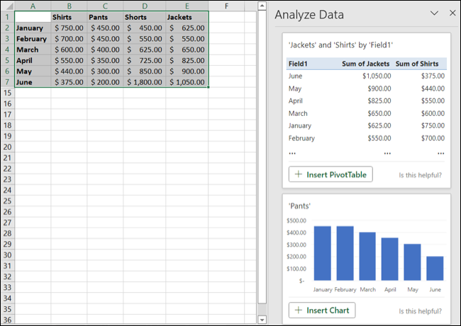 Analisis sidebar Data dengan opsi sisipkan