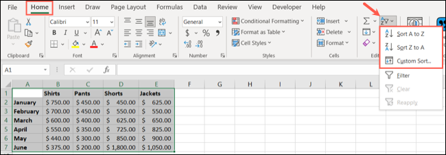 ตัวเลือกการเรียงลำดับใน Excel