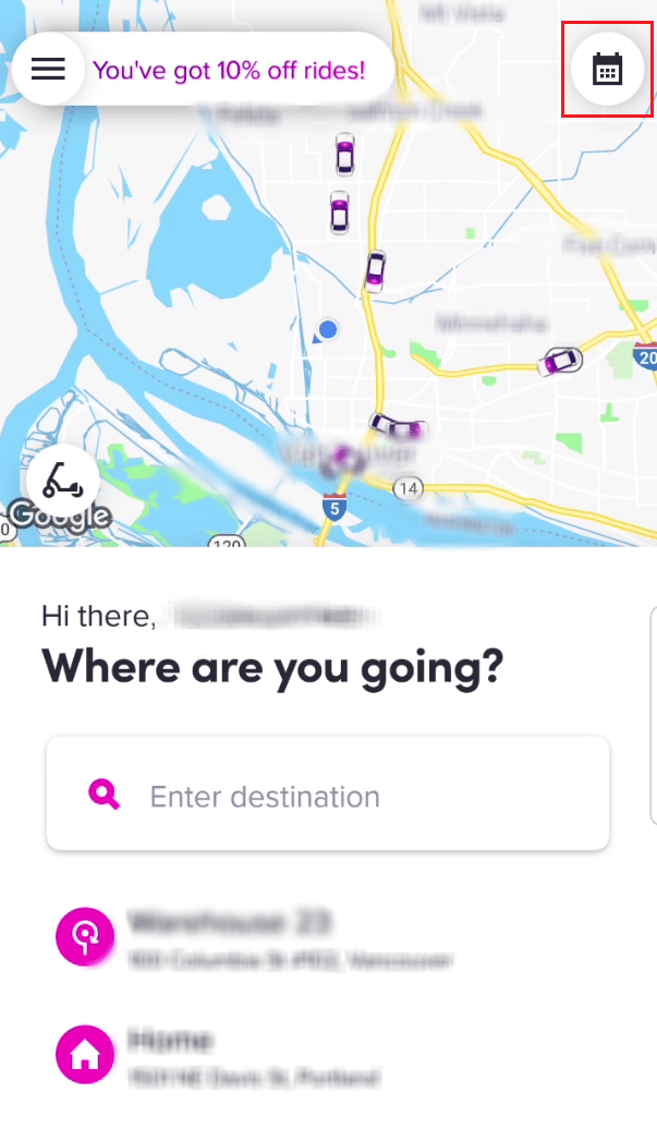 No canto superior direito da tela inicial, toque no ícone de calendário | cancelar passeio Lyft | Lyft dá reembolsos