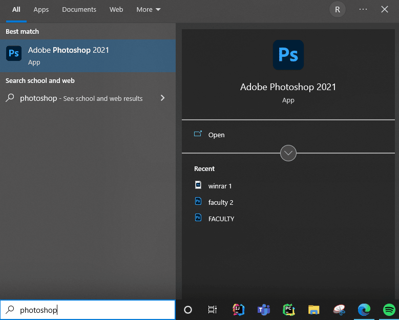 Windows arama kutusunda Photoshop'u arayın