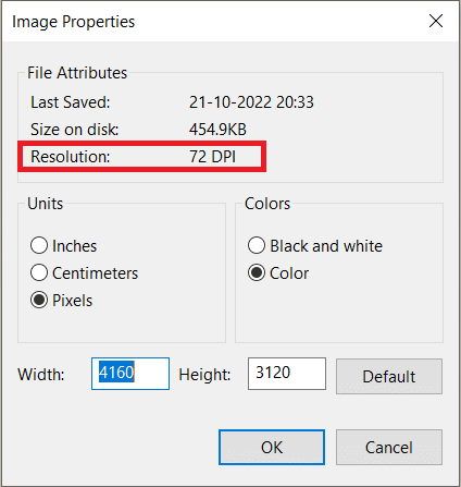 Cari bidang Resolusi | periksa gambar DPI di Windows 10