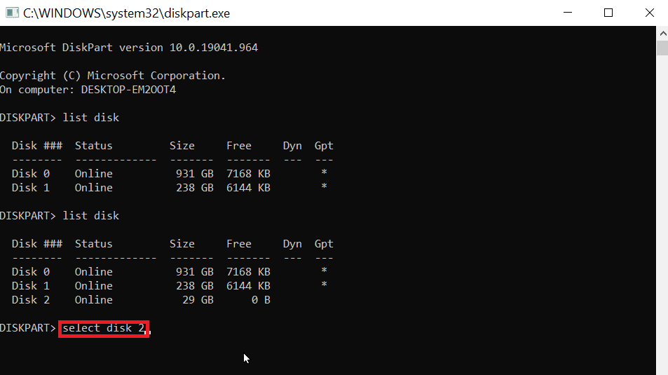 鍵入 select disk 並輸入您的磁盤編號。修復格式化 USB 閃存驅動器時的錯誤