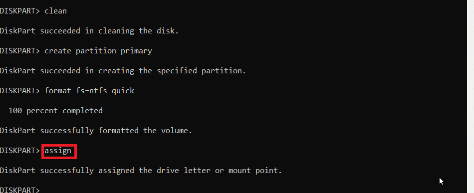 wpisz assign, aby przypisać literę dysku. Napraw poziom błędu Diskpart