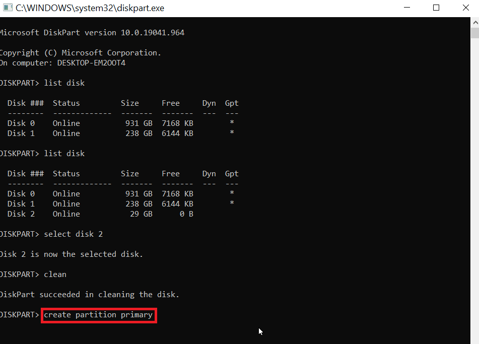 輸入 create partition primary 並回車。如何修復格式化 USB 閃存驅動器時出現的錯誤