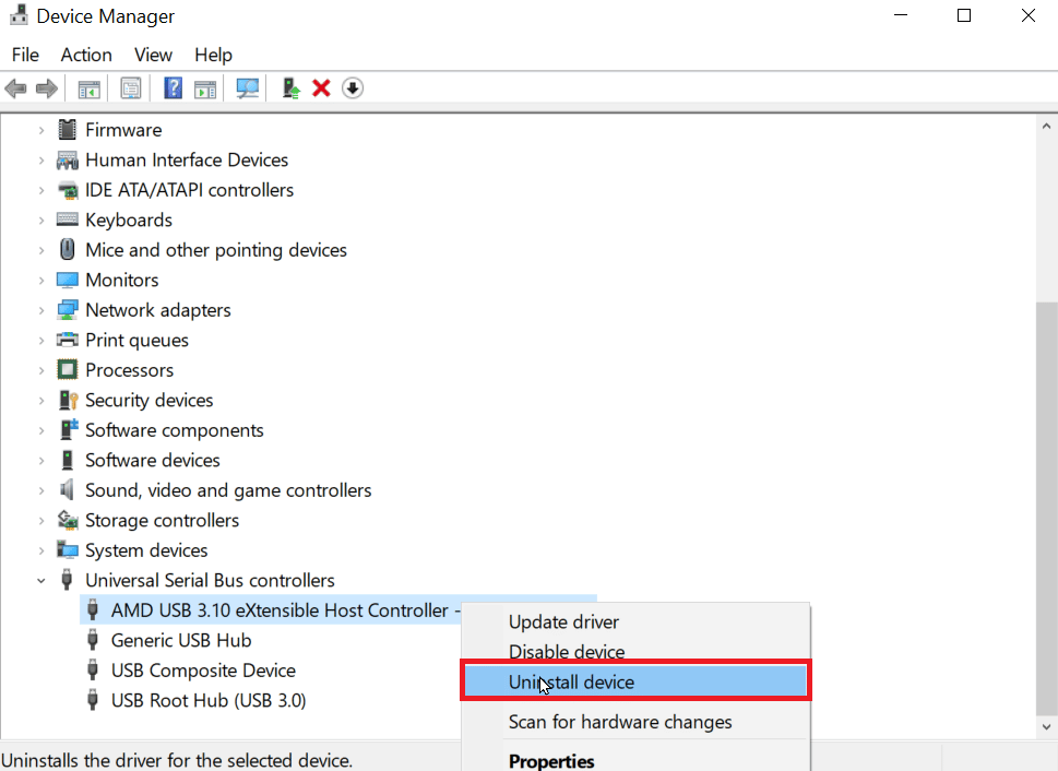 fare clic con il tasto destro su amd usb e fare clic su Disinstalla. Correggi il livello di errore di Diskpart