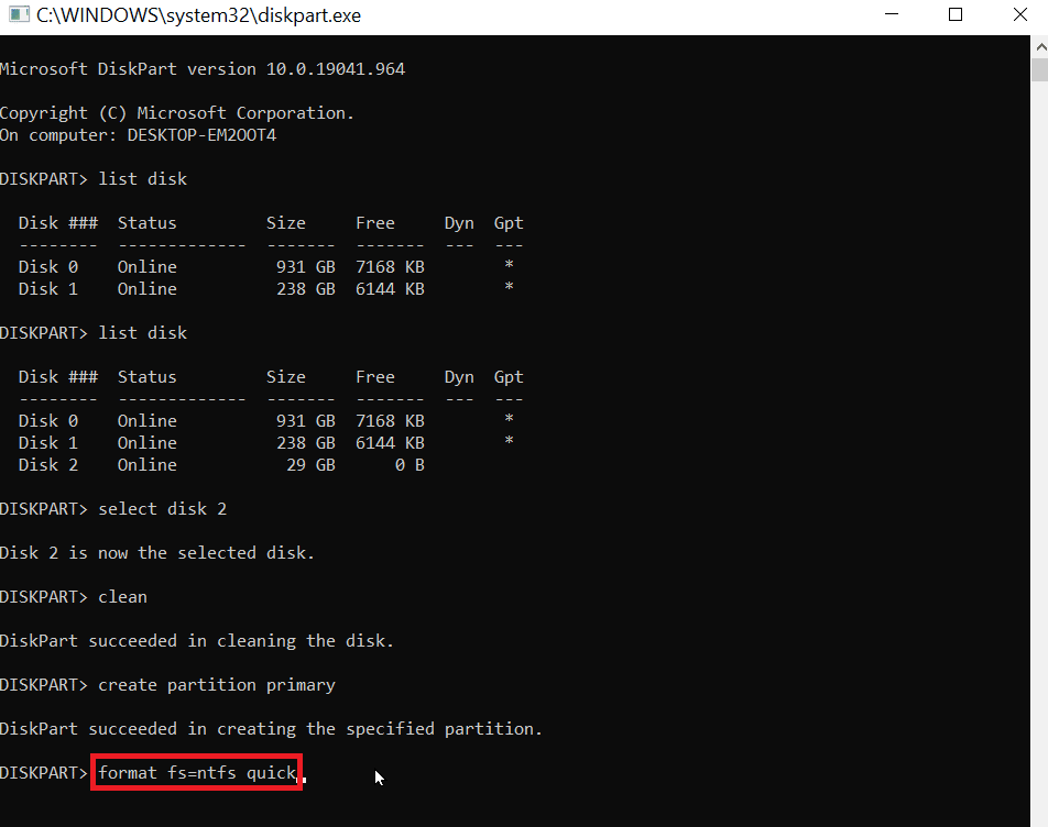 tastați format fs=ntfs pentru a formata usb în ntfs. Remediați eroarea la formatarea unității flash USB