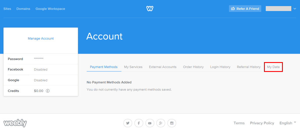 En la página de configuración de la cuenta, haga clic en Mis datos. | Cómo eliminar el sitio web de Weebly