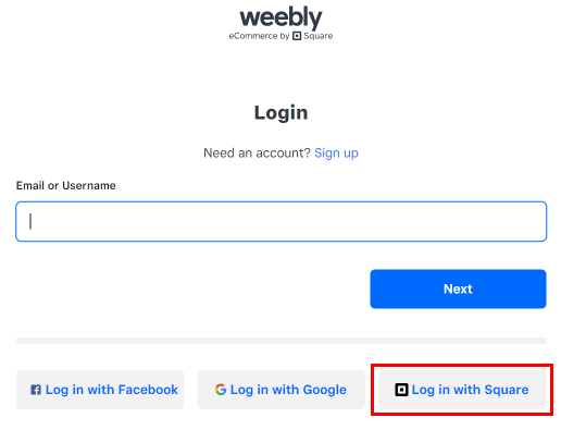 De las opciones en la parte inferior, haga clic en Iniciar sesión con Square o seleccione entre cualquiera de las opciones para iniciar sesión en su cuenta.