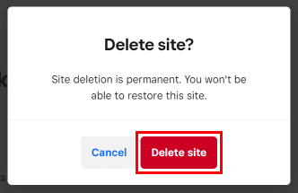 Haga clic en el botón Eliminar sitio para confirmar la eliminación del sitio web.