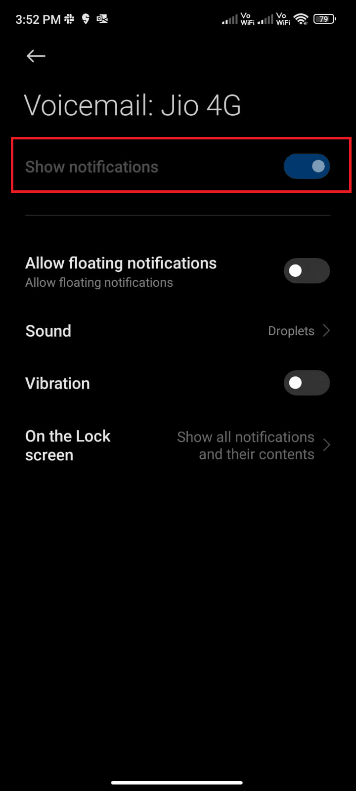 vérifiez si l'option Afficher les notifications est activée. Correction de la messagerie vocale Samsung Galaxy 5 ne fonctionnant pas