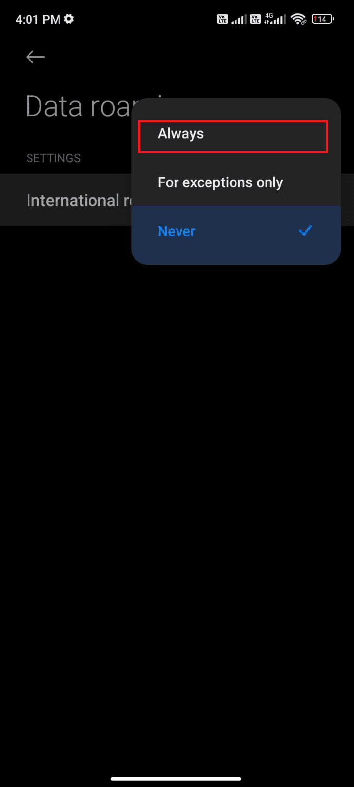 ketuk kotak di sebelah Roaming internasional dan setel opsi ke Selalu