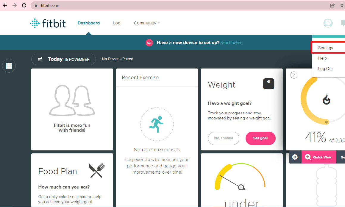 Configuraciones de Fitbit en el tablero