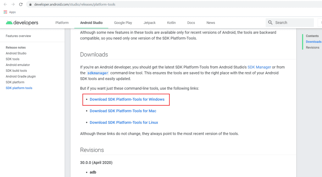 Cliquez sur les outils de la plate-forme SDK pour Windows