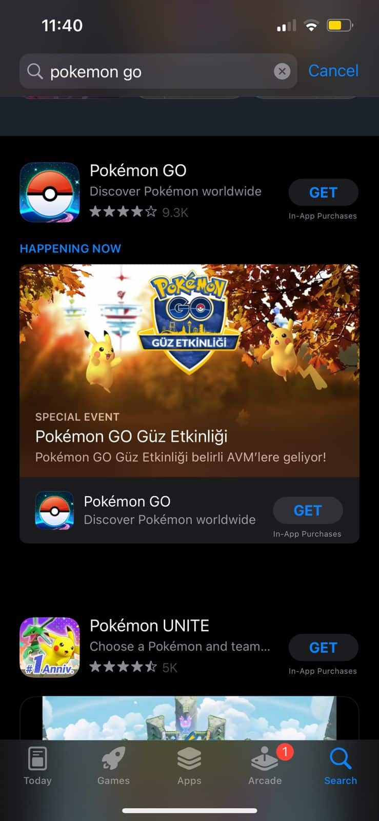 Pokémon Go en la tienda de aplicaciones