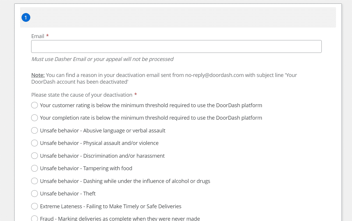DoorDash-Einspruchsformular | DoorDash-Konto deaktiviert