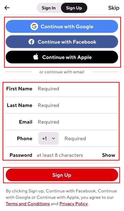 Iscriviti con il tuo account Google, Facebook o Apple OPPURE fornisci il tuo nome, e-mail, numero di telefono e password e tocca Iscriviti | Account DoorDash disattivato