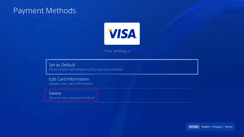 Wählen Sie Löschen – Ja, um die Methode vollständig von Ihrer PS4 | zu löschen Warum sagt PS4, dass Kreditkarteninformationen nicht gültig sind? | Meiner Brieftasche auf PS4 Geld hinzufügen