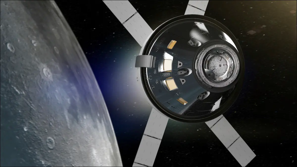 Imagem renderizada da cápsula Orion ao lado da Lua
